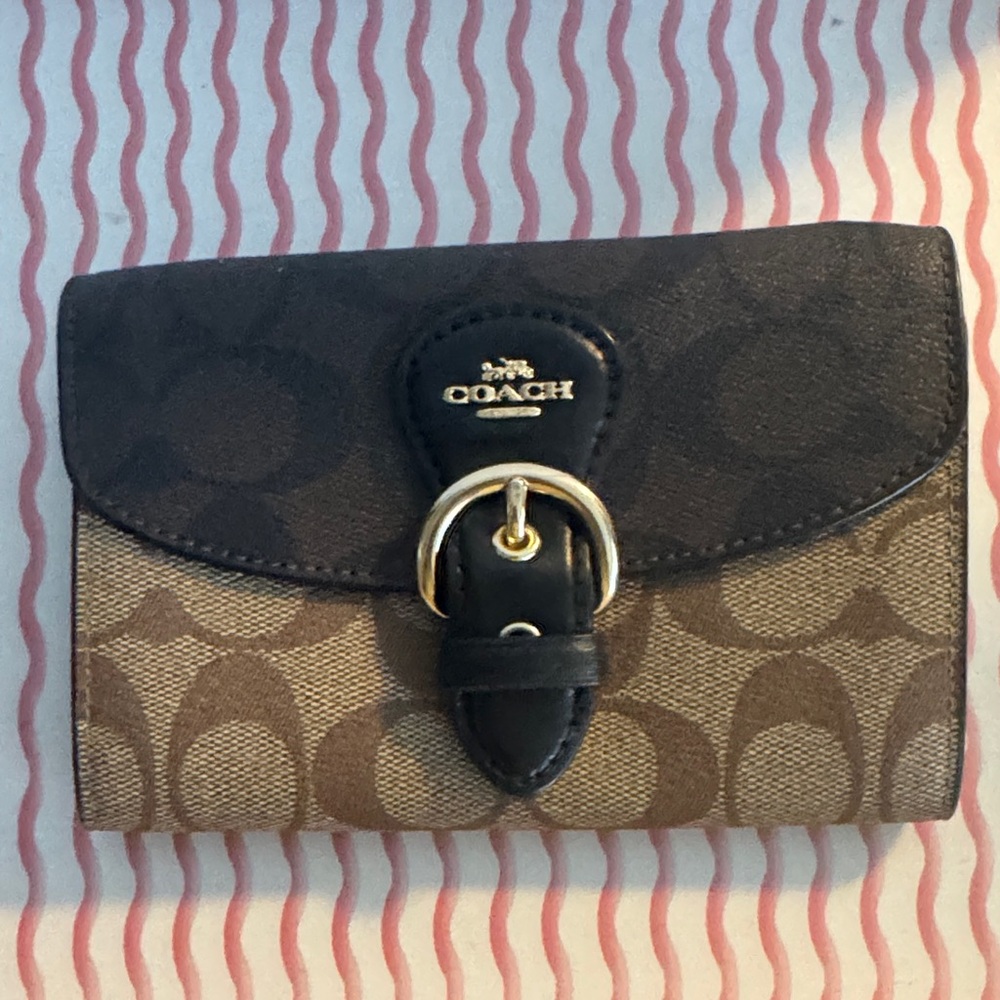 Coach Brown Signature Canvas Wallet with Black Leather Trim and Gold Buckle